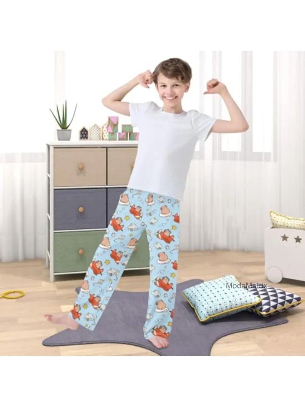 Kids Cartoon Capybara Pilot Pajama Pants Soft Sleepwear Lounge Bottoms 6-14Y